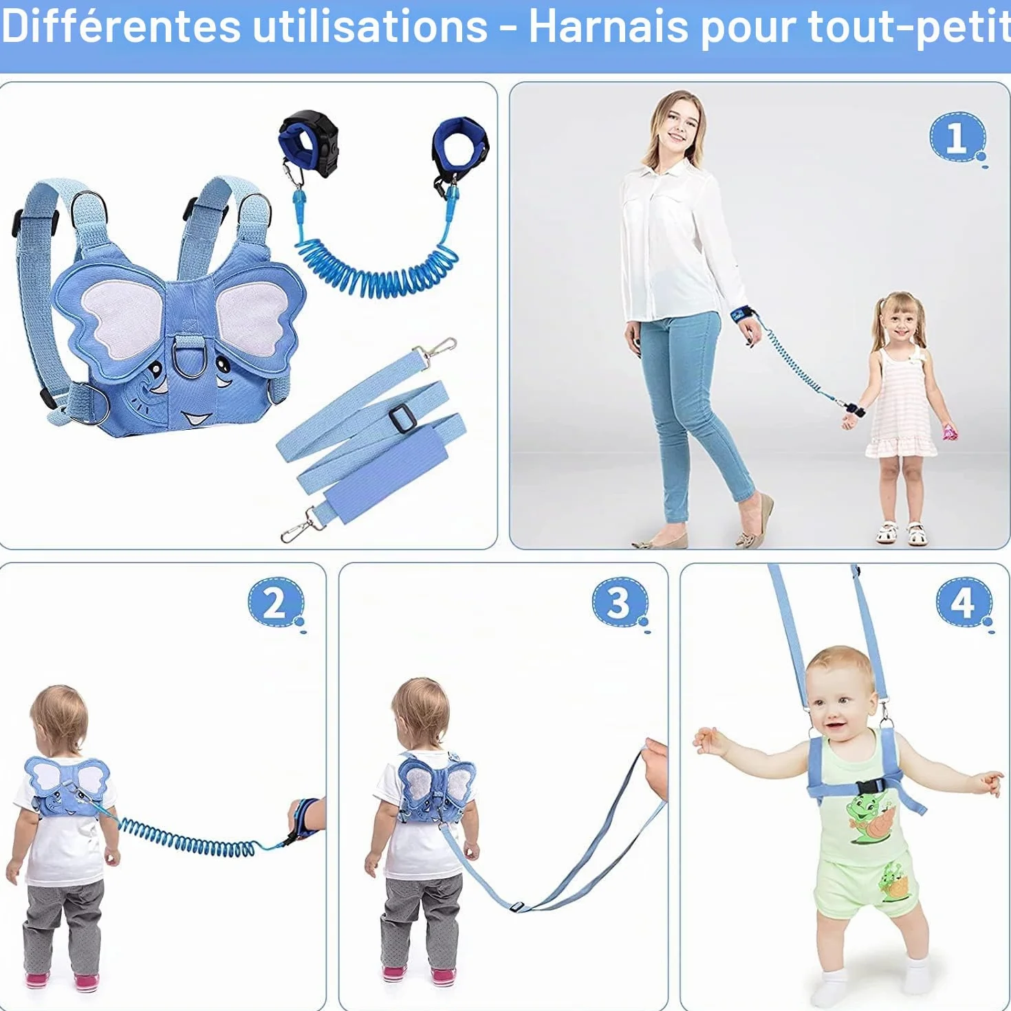 Laisse 3 en 1 pour enfant Anti-perte Harnais de course avec poignet de sécurité Motif éléphant