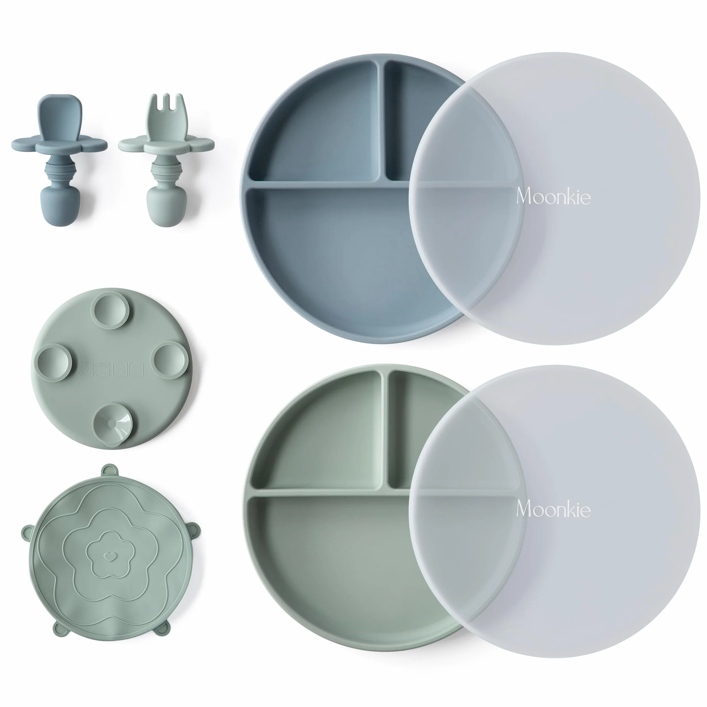 Moonkie Assiette Bébé Silicone avec Ventouse Lot de 2 Couvercle Antidérapante Menthe Bleu clair