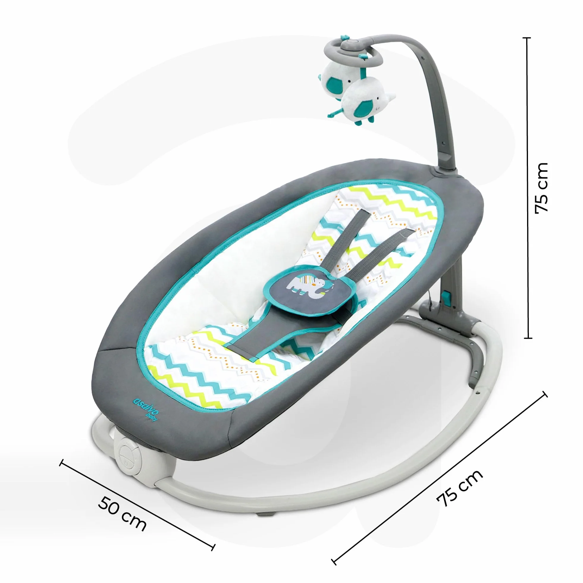Asalvo Hamac éléphant bébé pliable 4 positions musique vibration harnais 5 points charge max 9 kg Gris Aqua