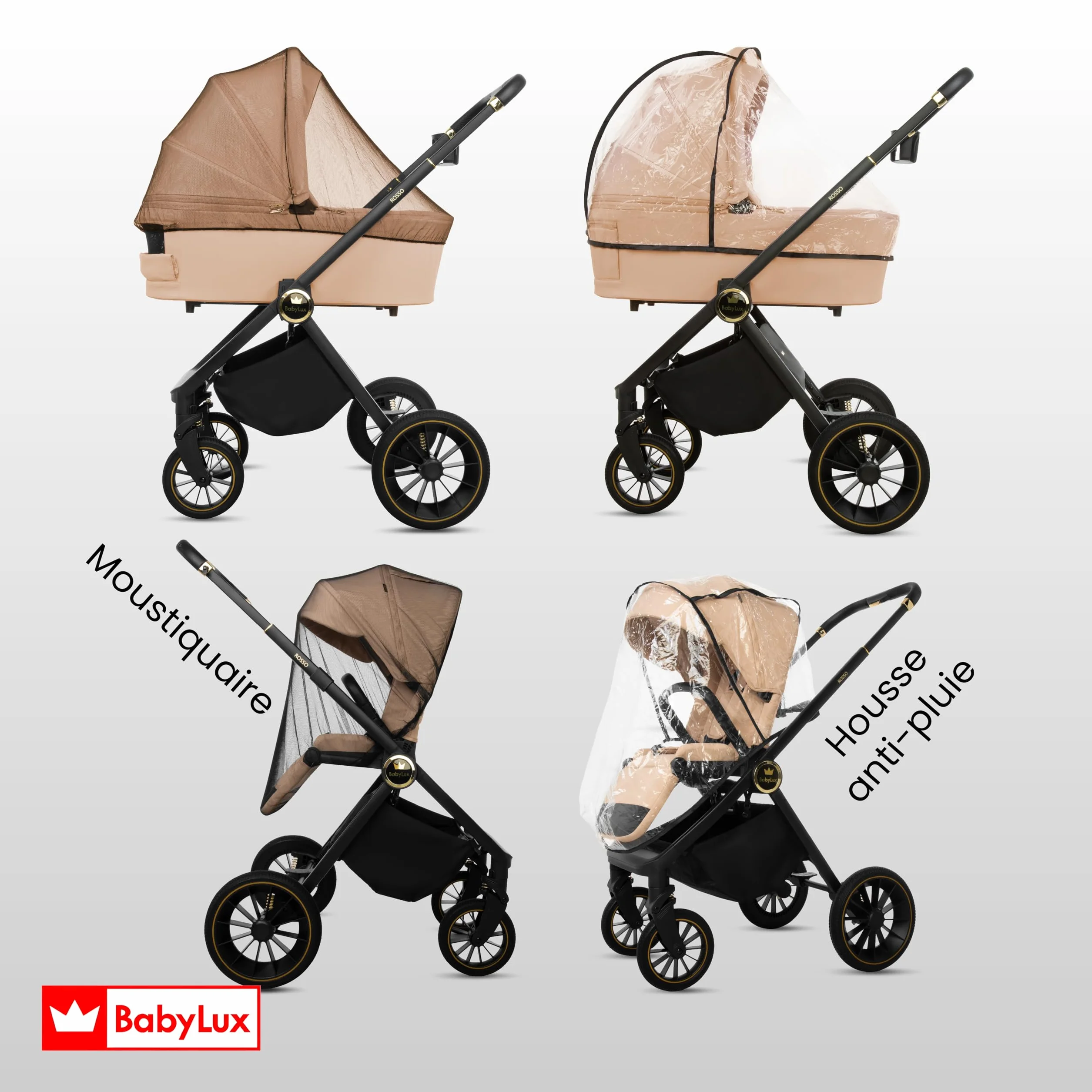 BabyLux Poussette 3en1 Set Rosse, Pliable Léger Poussettes Combinées Baignoire Bébé, Buggy Siège Sport, Coque Bébé I-Size, 4 Positions Couchage, 0-22kg
