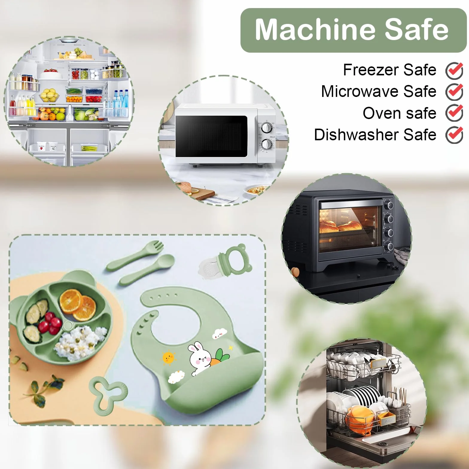 Coffret Repas Bébé 11 pièces Silicone Antidérapant avec Ventouse Assiette Bol Fourche Cuillère Bavoir Tasse Sans BPA Vert foncé