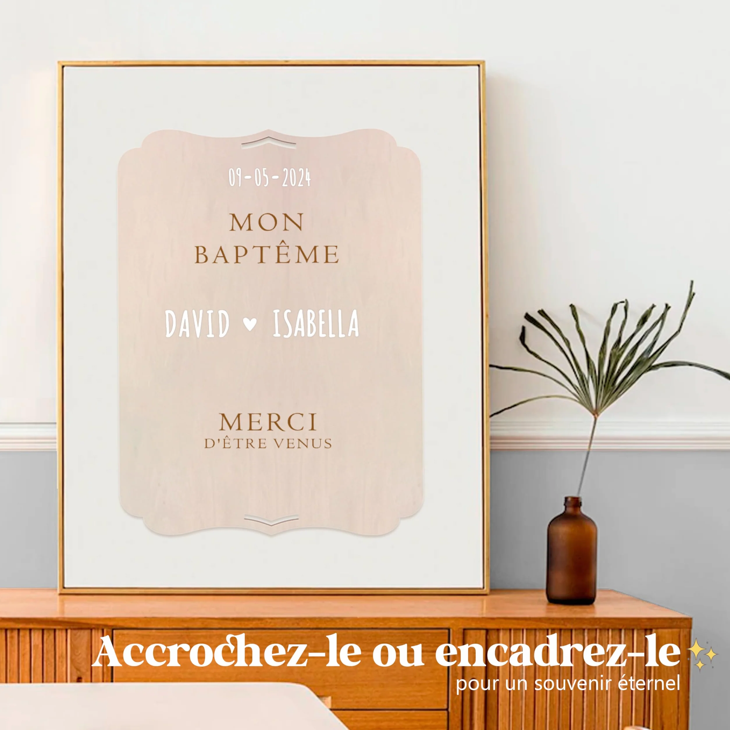 Panneau Personnalisé en Bois 30x22 cm Baptême Décoration avec Lettres Autocollantes et Support
