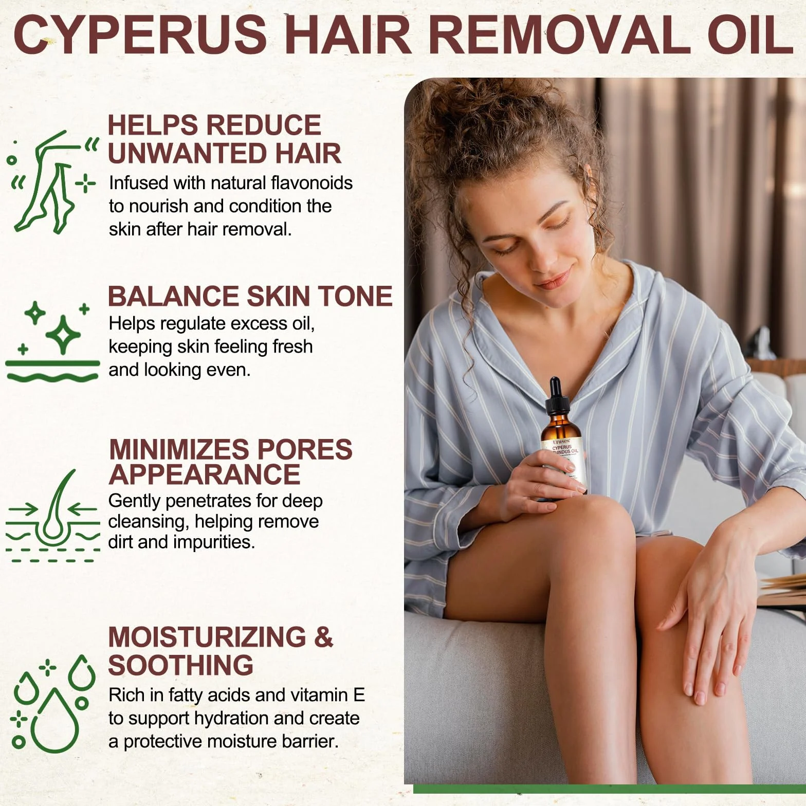 Huile Cyperus Rotundus Inhibitrice de Pilosité 60ml - Réduit la Repousse, Répare la Peau & Resserre les Pores - 100% Naturelle, Vegan
