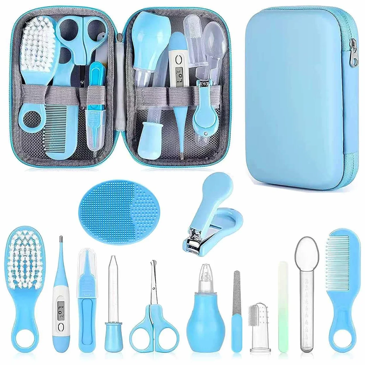 Ensemble de soins de sécurité pour bébé avec brosse à cheveux, peigne et coupe-ongles, kit essentiel nouveau-né (bleu)