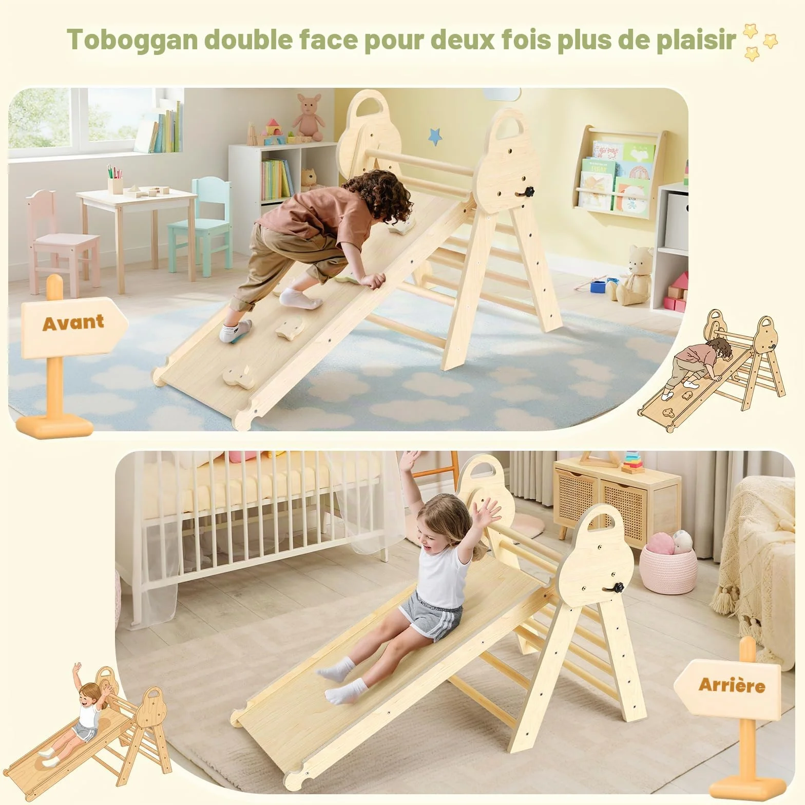 Kit de portique d'escalade Montessori 7 en 1 triangle d'escalade d'intérieur arche avec coussin et toboggan jouet en bois pour 1 à 5 ans
