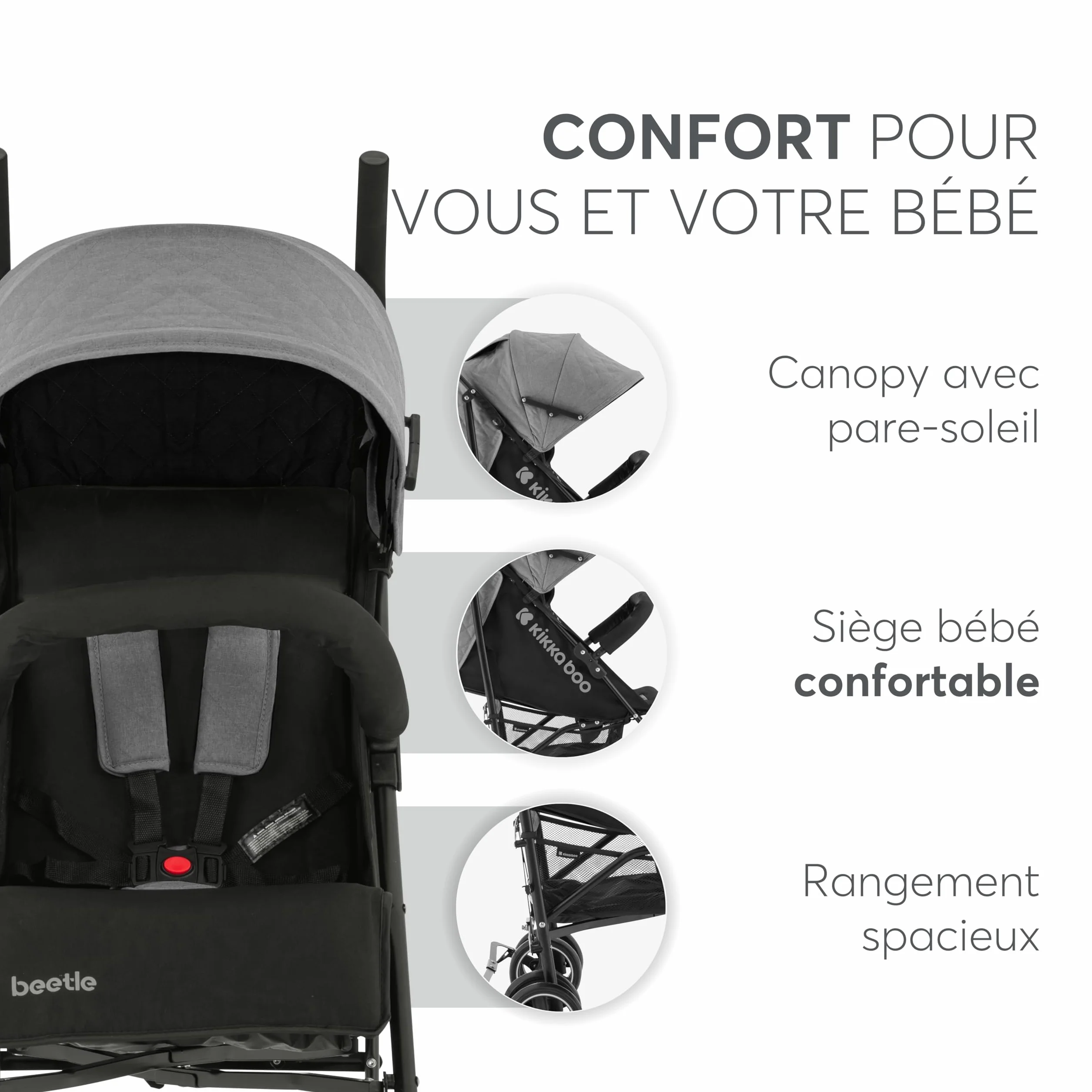 Poussette KikkaBoo BEETLE pliable compacte gris jusqu'à 22 kg