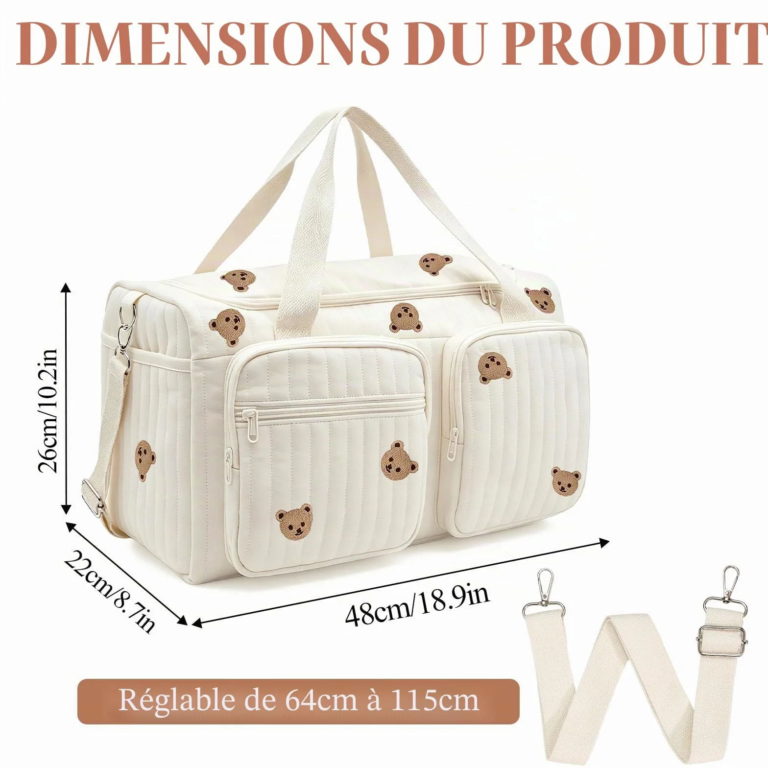 Sac à Langer Bebe Bandoulière 48x26x22cm, Sac de Maternité Multi Poches, Sac de Voyage Femme avec Ceinture Ajustable