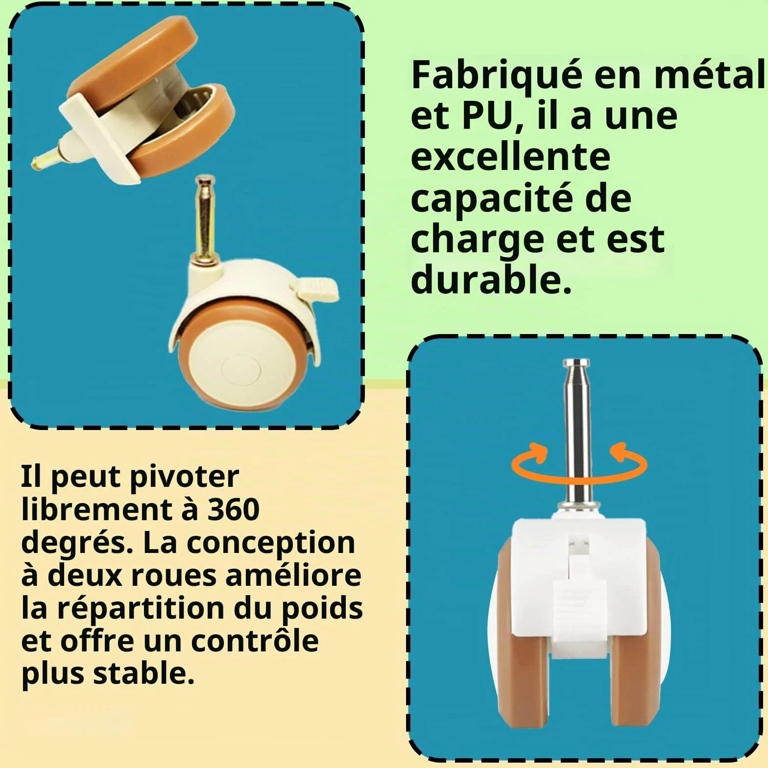 ZoeTekway Jeu de 4 roulettes pivotantes silencieuses en caoutchouc avec frein pour meubles d'enfants 10,5 mm