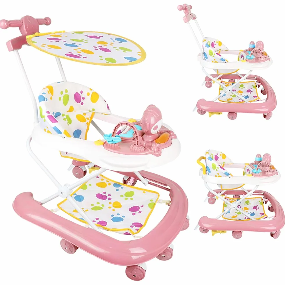 Trotteur Bébé 2en1 Hauteur Réglable avec Musique, 8 Roues, Auvent, 62x68x36-81cm Rose