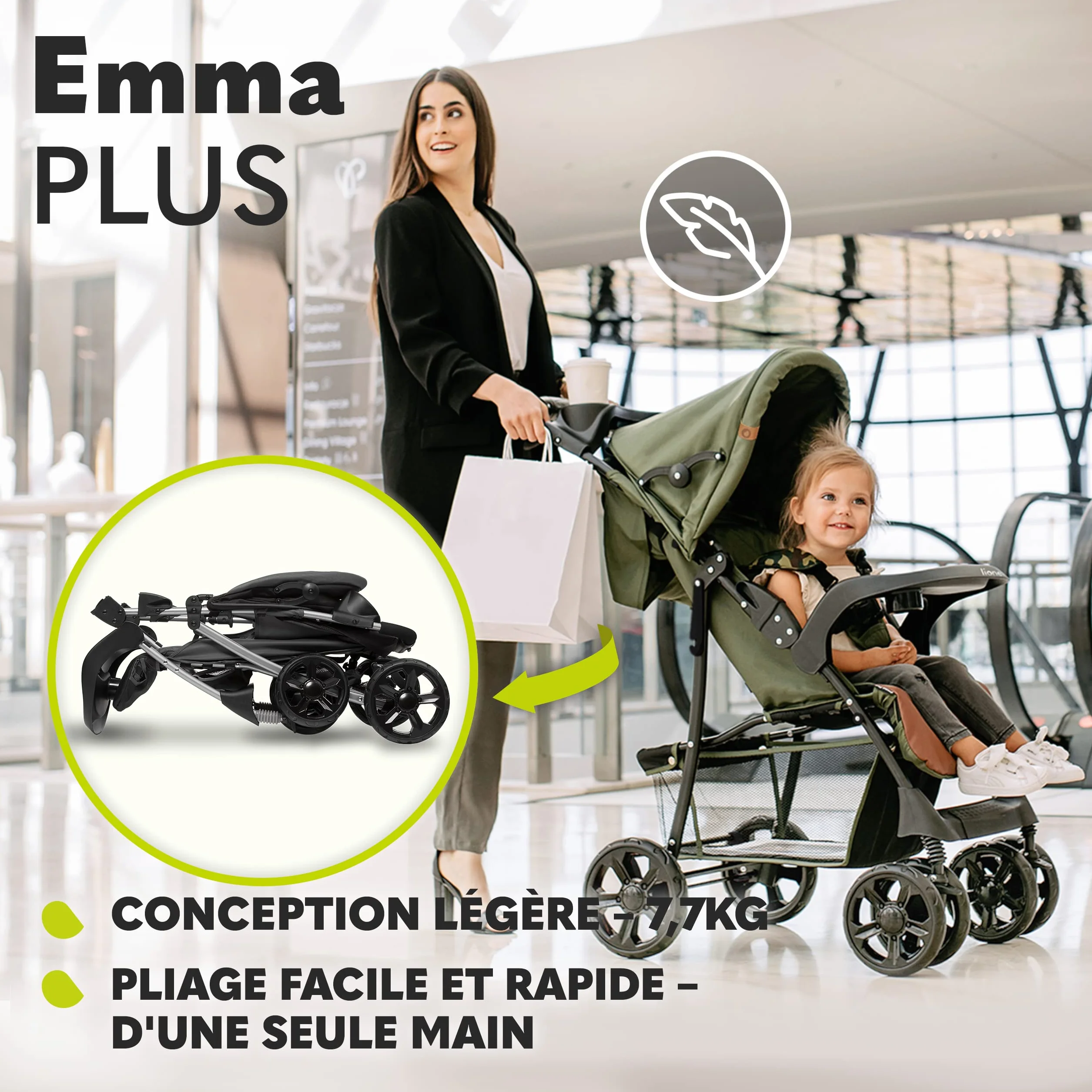 LIONELO Emma Plus poussette bébé 15 kg harnais 5 points pliage rapide amortisseurs sac inclus matelas STONE