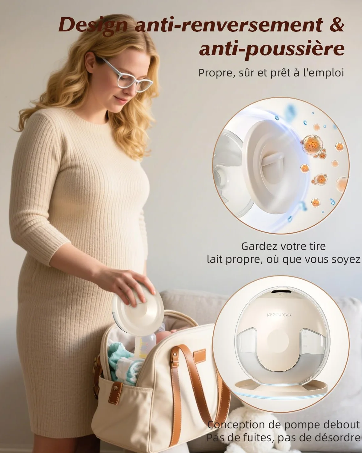 KISSBOBO K5 Tire-lait Électrique Mains Libres, 4 Modes 19 Niveaux, 280mmHg, Crème/2PCS