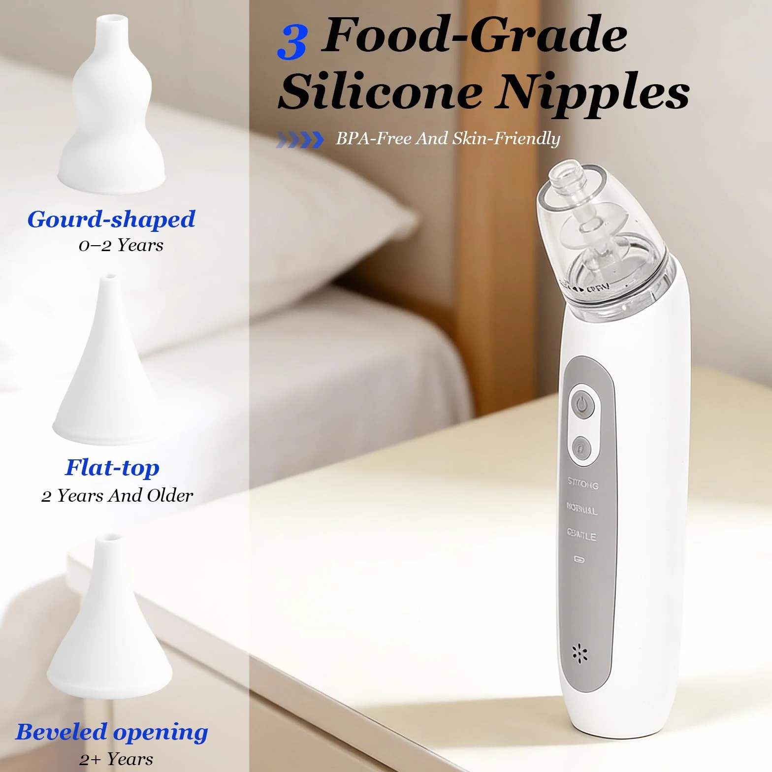 Aspirateur Nasal Bébé 3 embouts Silicone 3 Niveaux Aspiration USB Musique