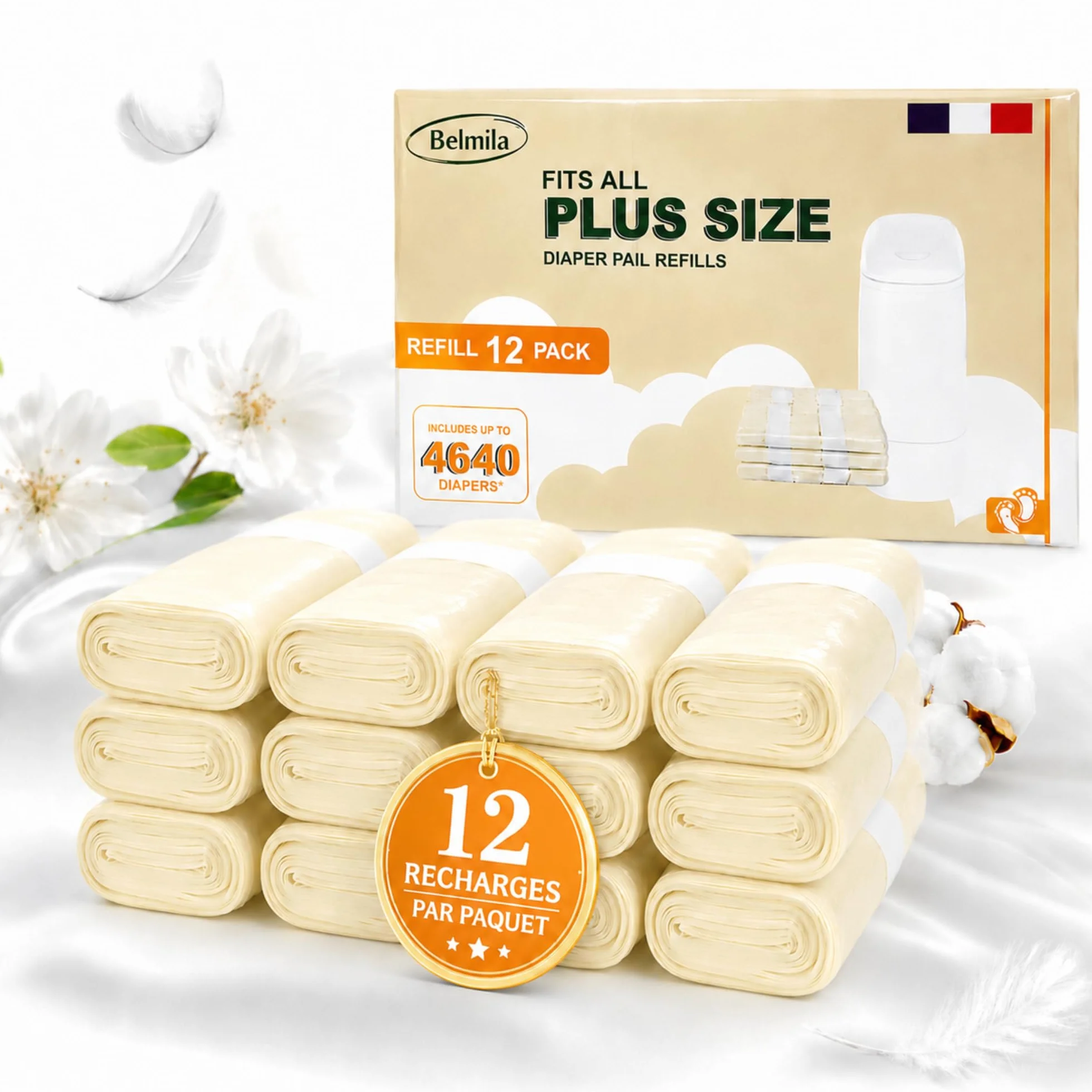 Recharges Poubelle à Couches XXL 12x7,5m Compatibles AngelCare Tommee Tippee Anti-Odeur Sans BPA Antibactérien Étanches