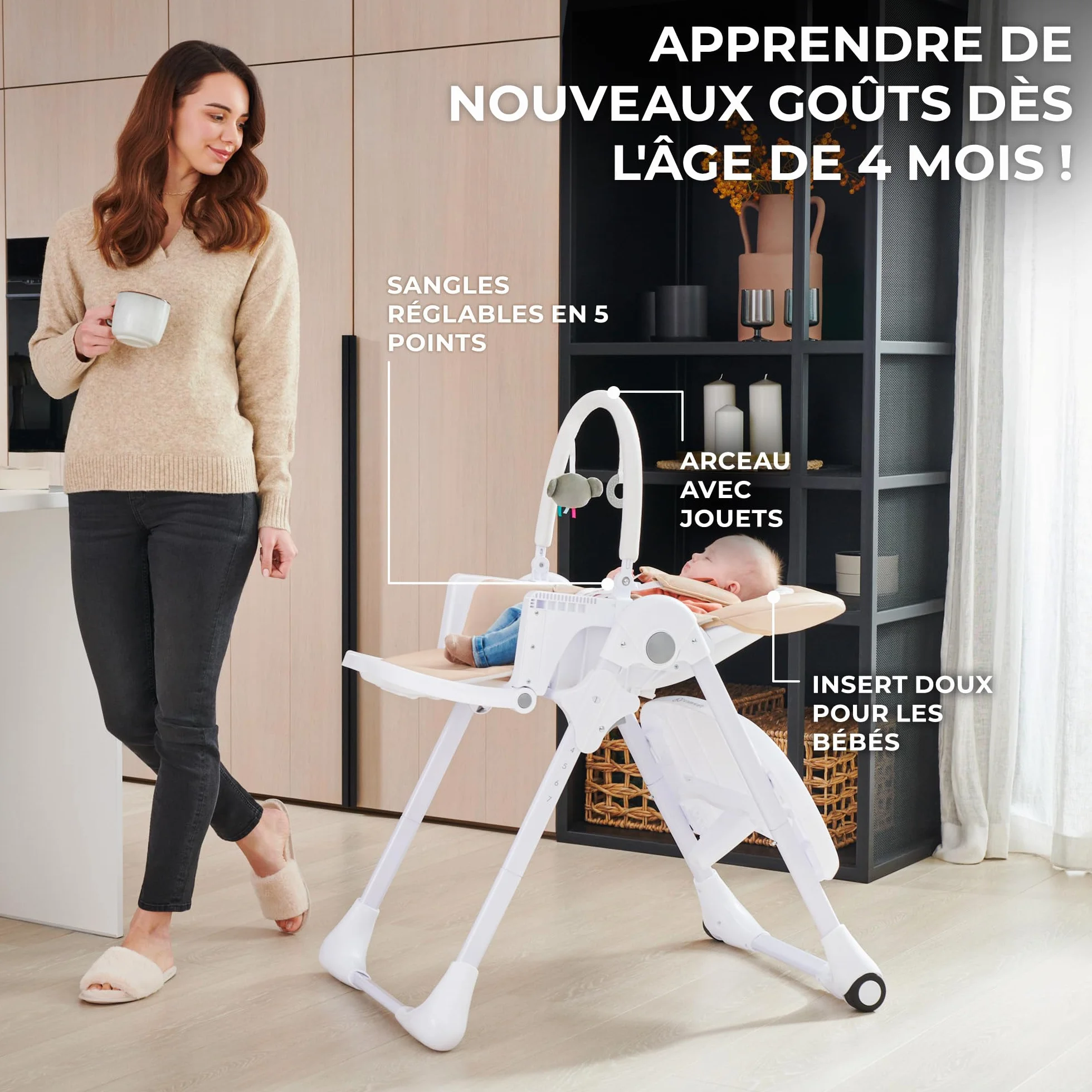 Kinderkraft TUMMIE Chaise Haute 2 en 1 Ergonomique Pliable avec Hauteur Réglable Beige