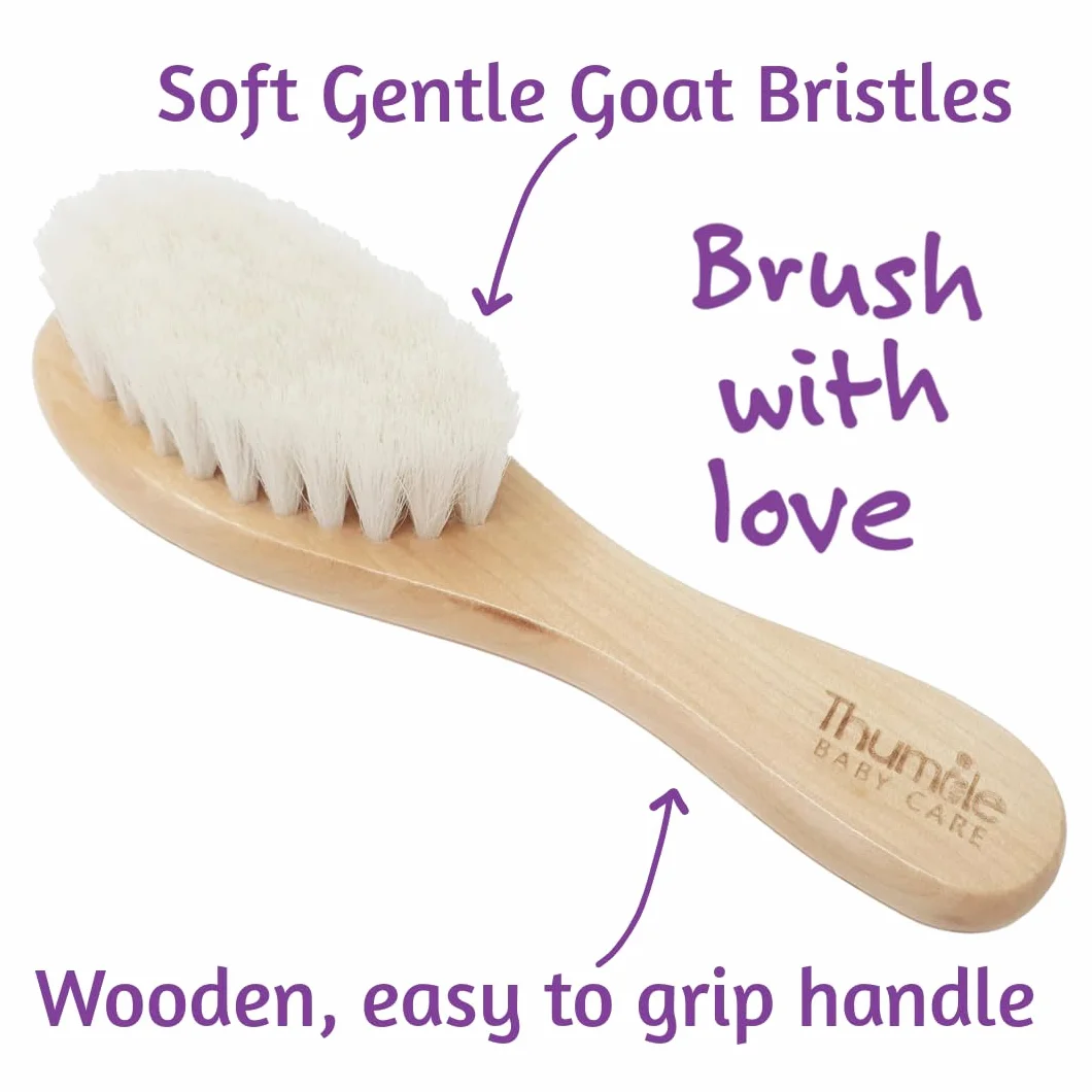 Brosse à Cheveux Bébé Poils de Chèvre Doux | Brosse Douce pour Nouveau-Né & Croûtes de Lait | En Bois Naturel Sans Plastique | Thumble Baby Care