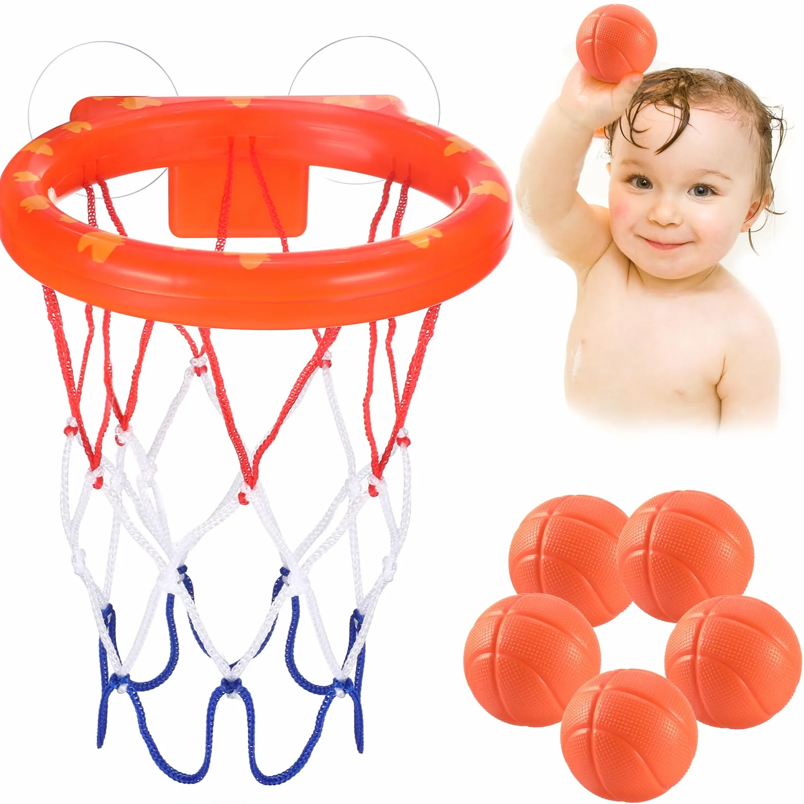 Jouet De Bain Bébé 3 Ans Panier Basket Baignoire Kit Jeu Douche 5 Balles Sans Trou Ventouse Forte