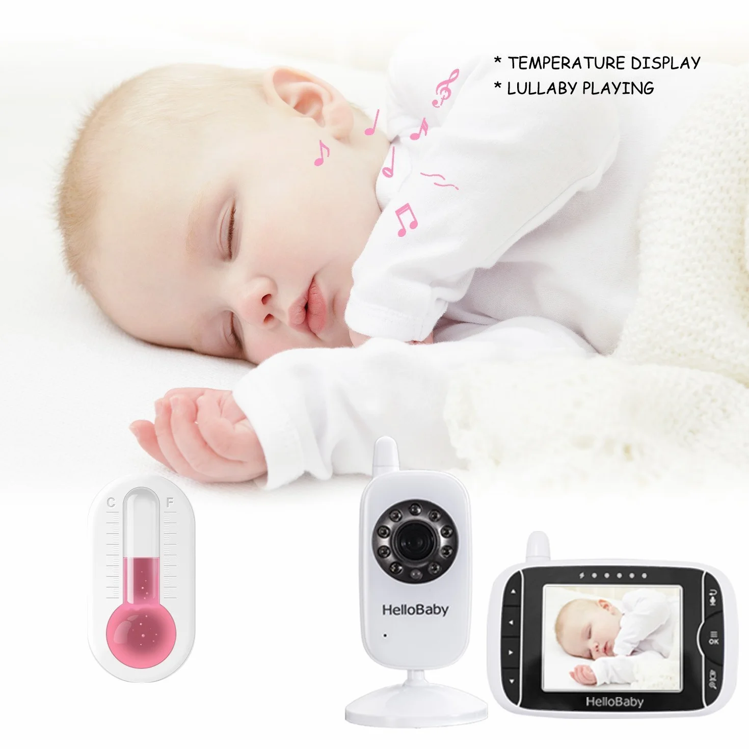 HelloBaby Babyphone sans WiFi Caméra Surveillance Température Vision Nocturne Communication Bidirectionnelle