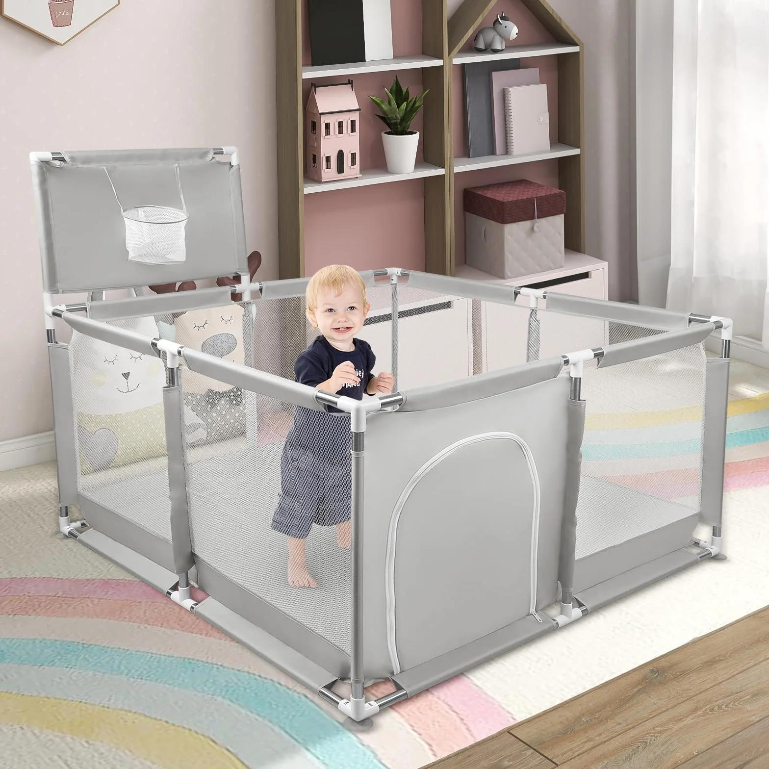 Parc Bébé en Tissu Oxford avec Tapis et Barrières 126x126x66 cm Gris Clair