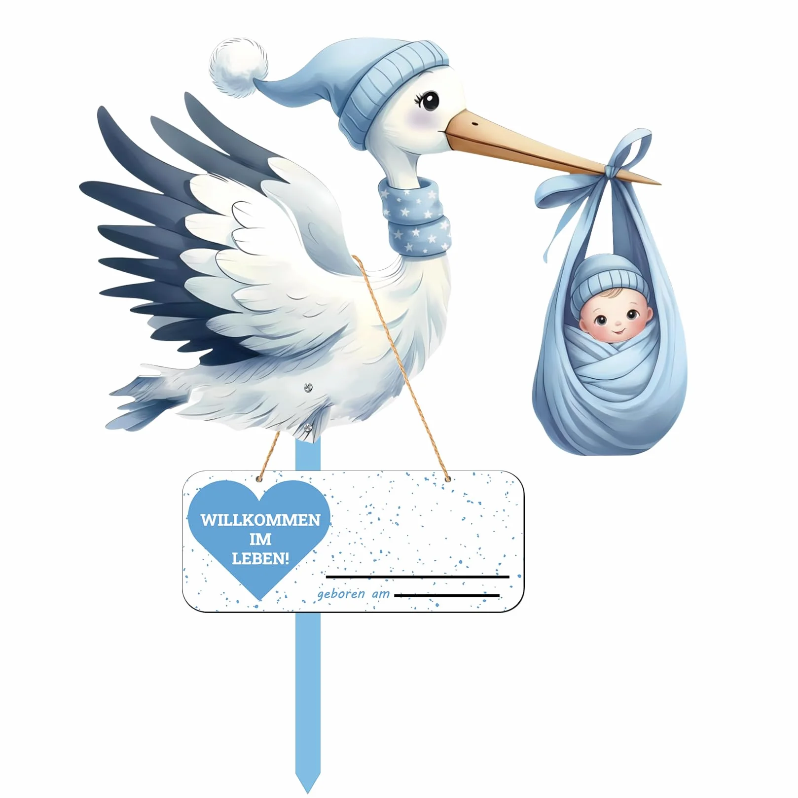 Cigogne à Clapette Naissance Bébé Imprimé Deux Faces Bâton Bois Plaque Nominative Intérieur Extérieur Cadeau (Bleu)