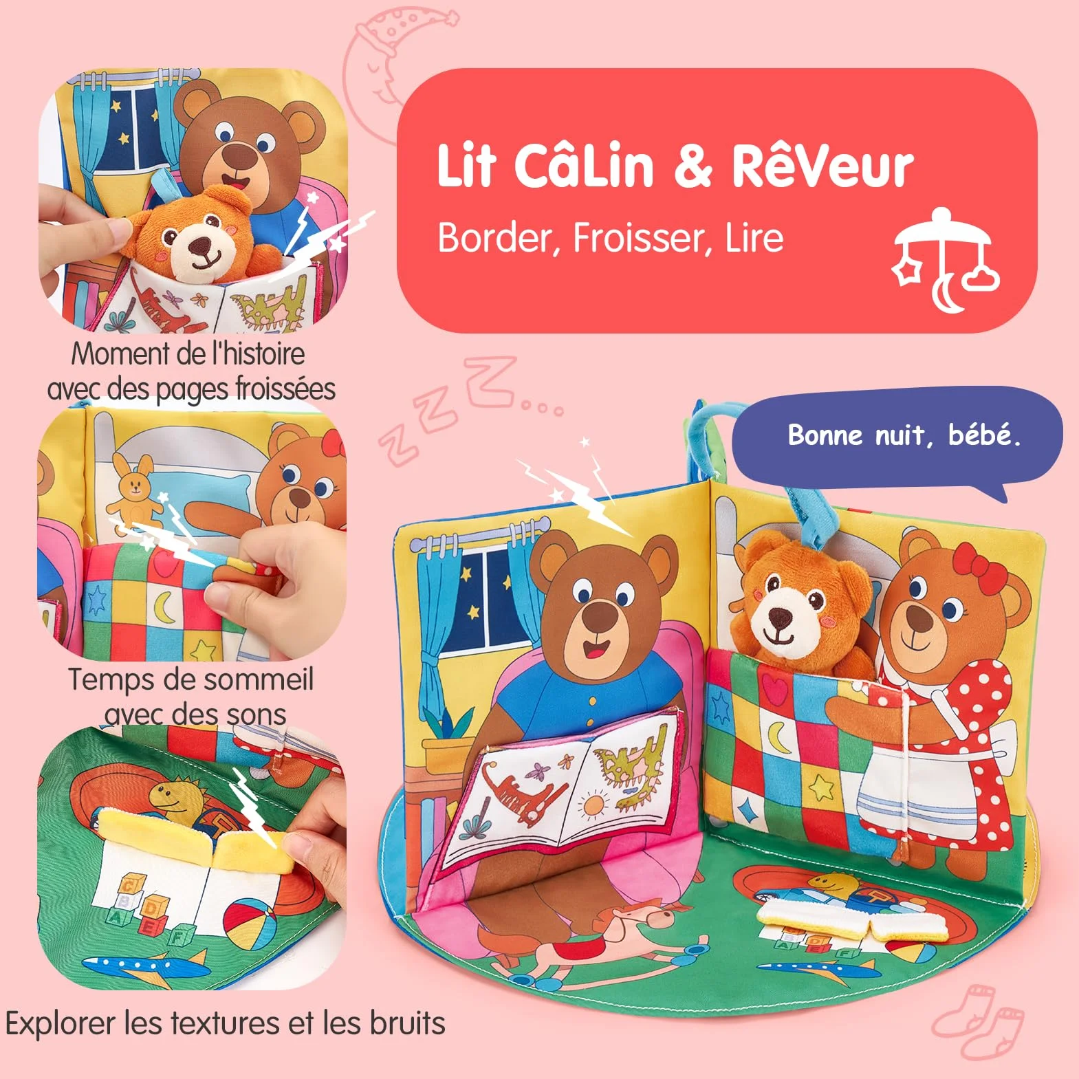 Livre Tissu Bebe Eveil 1 an - Livres activite sensoriel tactiles Bebes, Jouets Tissu Temps sur Ventre 6-18 Mois, Cadeau garcon Fille Enfant