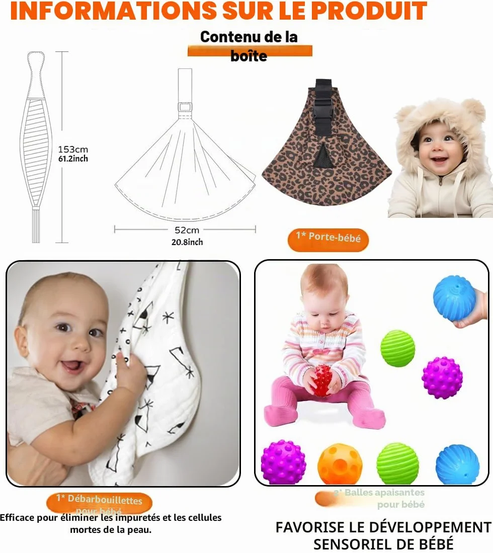 Écharpe de Portage Bébé Réglable Confortable Nouveau-Né 3-36 Mois Léopard