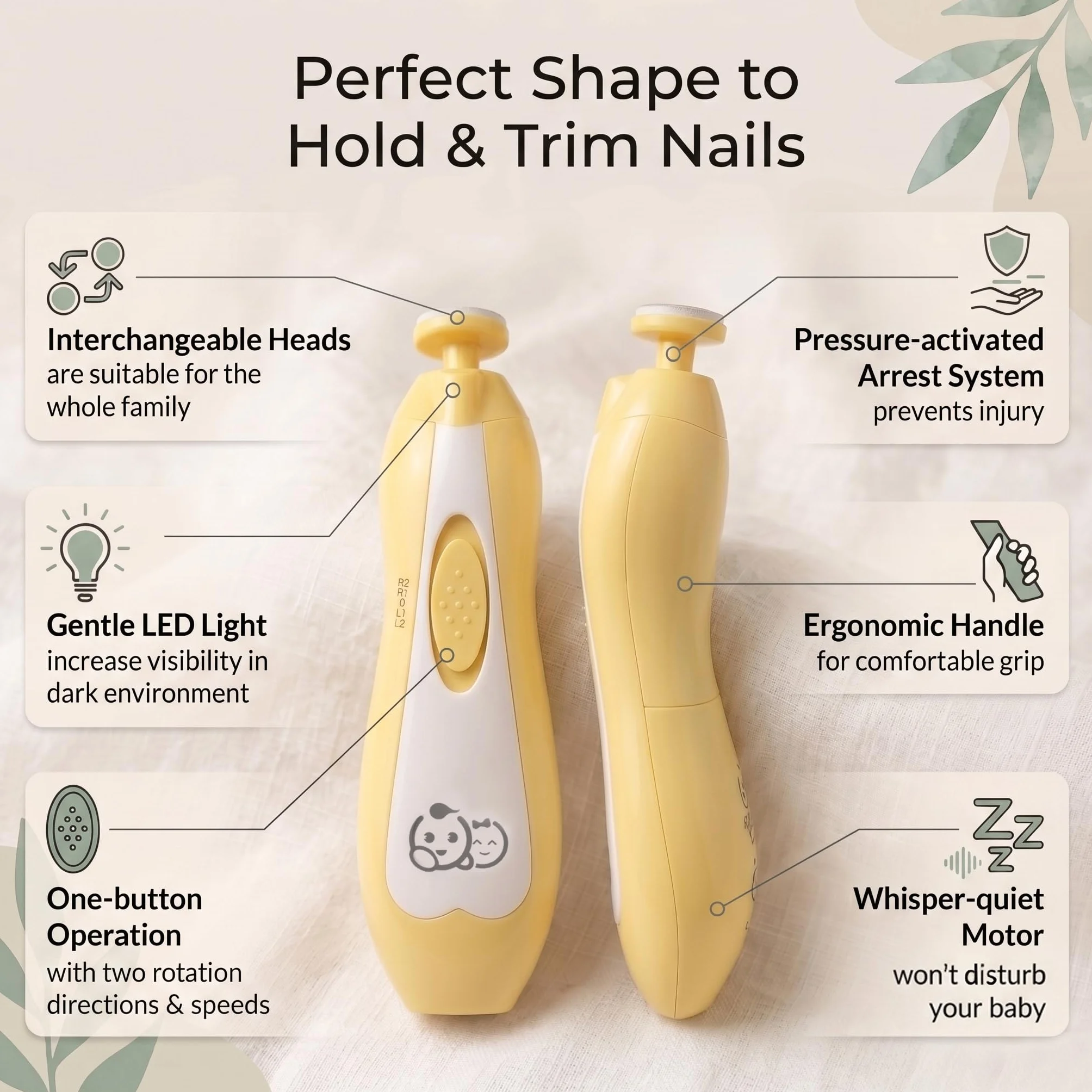 Royal Angels Coupe-ongles bébé 21 en 1 électrique, soin des ongles, 13 outils, coupe et vernis (Jaune)