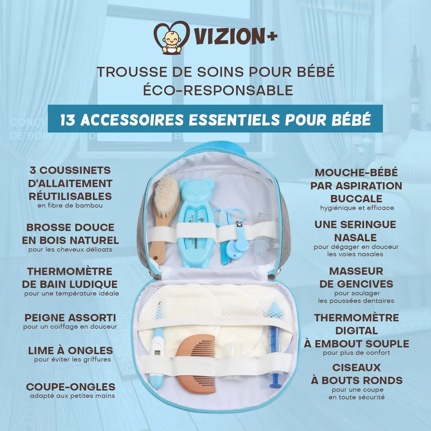 VIZION+ Trousse de Soin bébé Kit Naissance 13 Accessoires Brosse Peigne Bois Coussinets Allaitement Bambou