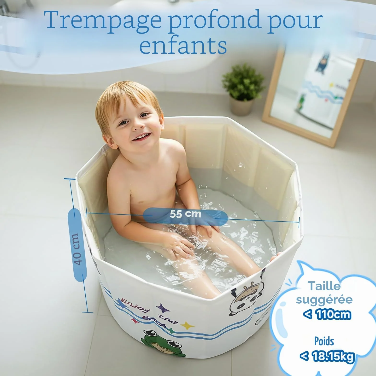 Baignoire Portable Pliable pour Enfants 1-5 Ans WAVYEASE Design Profond Installation Rapide