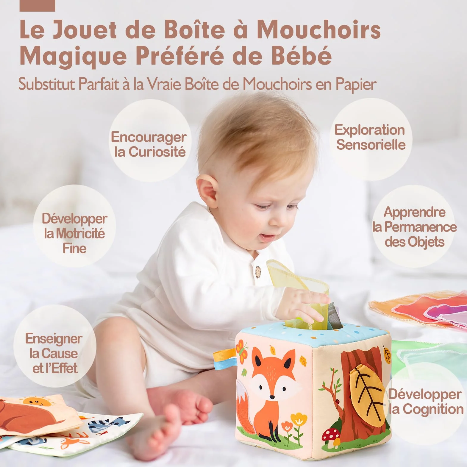 hahaland Jouet Bébé Boîte à Mouchoirs Sensoriels Montessori avec Papiers Froissés et Miroir, Cadeau pour Fille Garçon 3-12 Mois