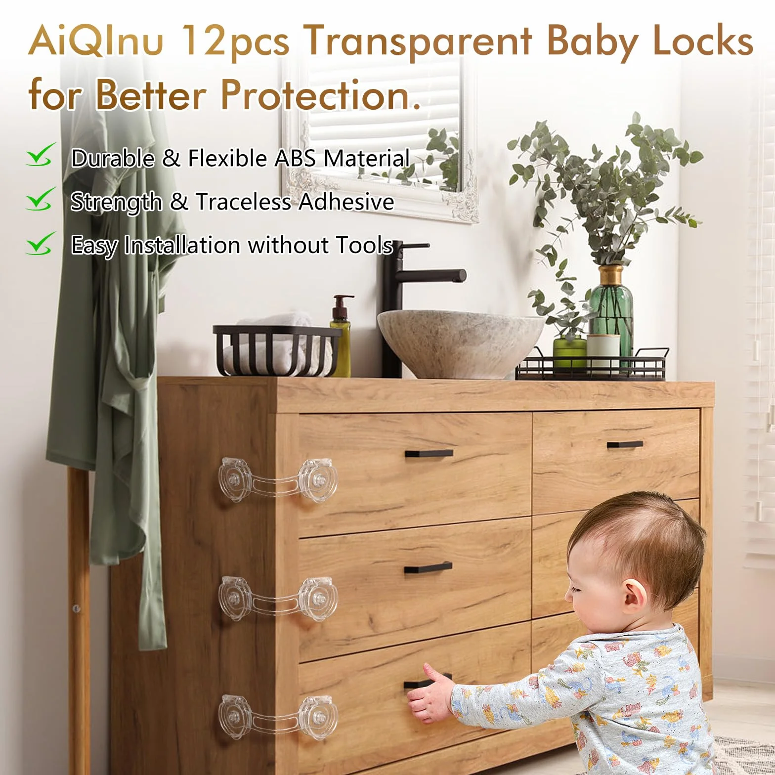AiQInu Securite Placard Enfant 12 Pièces, ABS Bloc Porte Securite Bebe, Bloque Porte BéBé pour Armoire, Toilette, Frigo, Four, Réfrigérateur (Transparent)