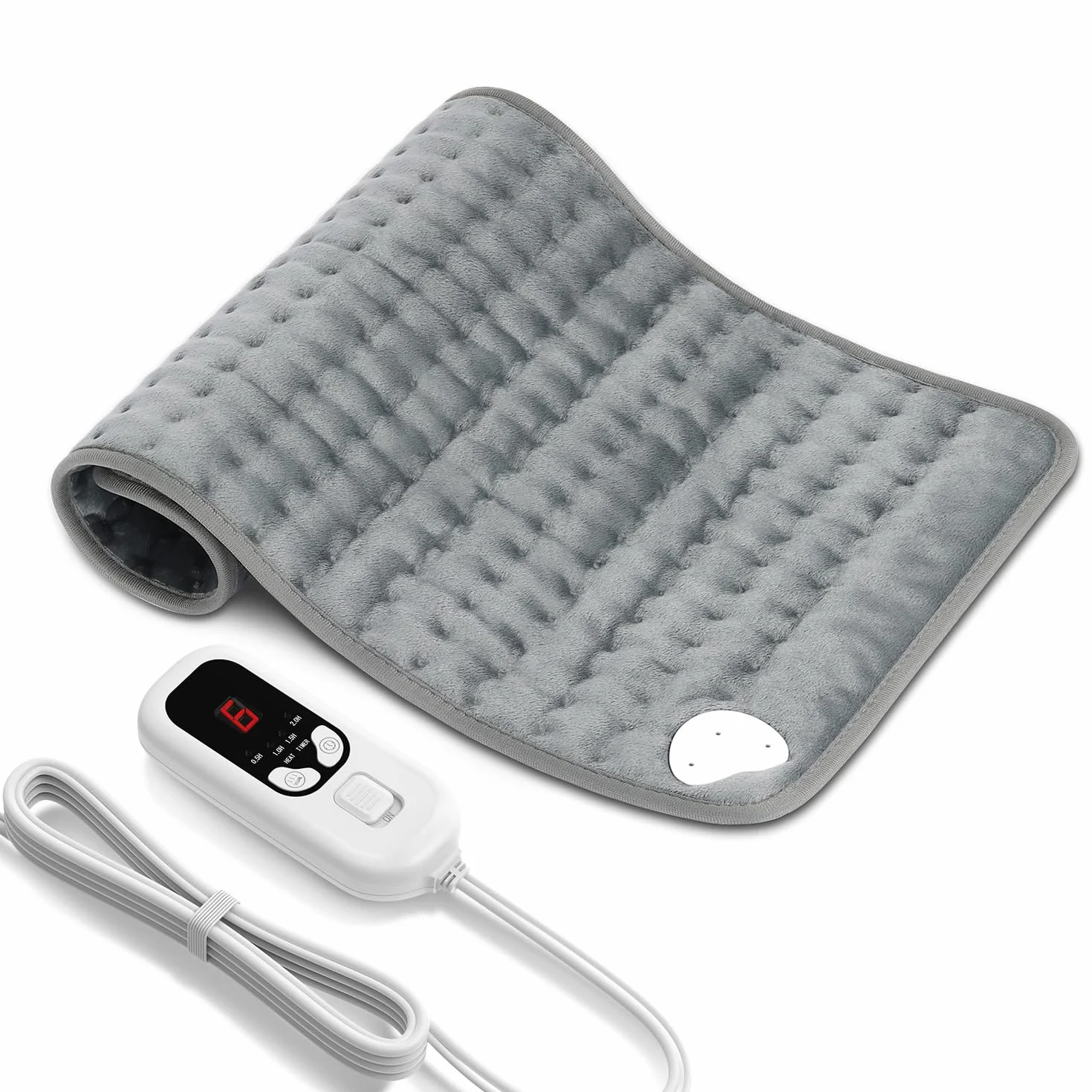Coussin Chauffant Électrique Dos Épaules Abdomen 6 Niveaux Température 4 Réglages Minuterie Chauffage Rapide Arrêt Automatique Lavable Machine Gris Clair 60 x 30cm