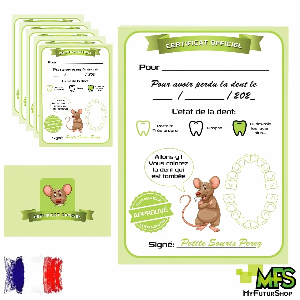 Porte-enfant pour dent la petite souris avec boîte échelle certificats version française vert