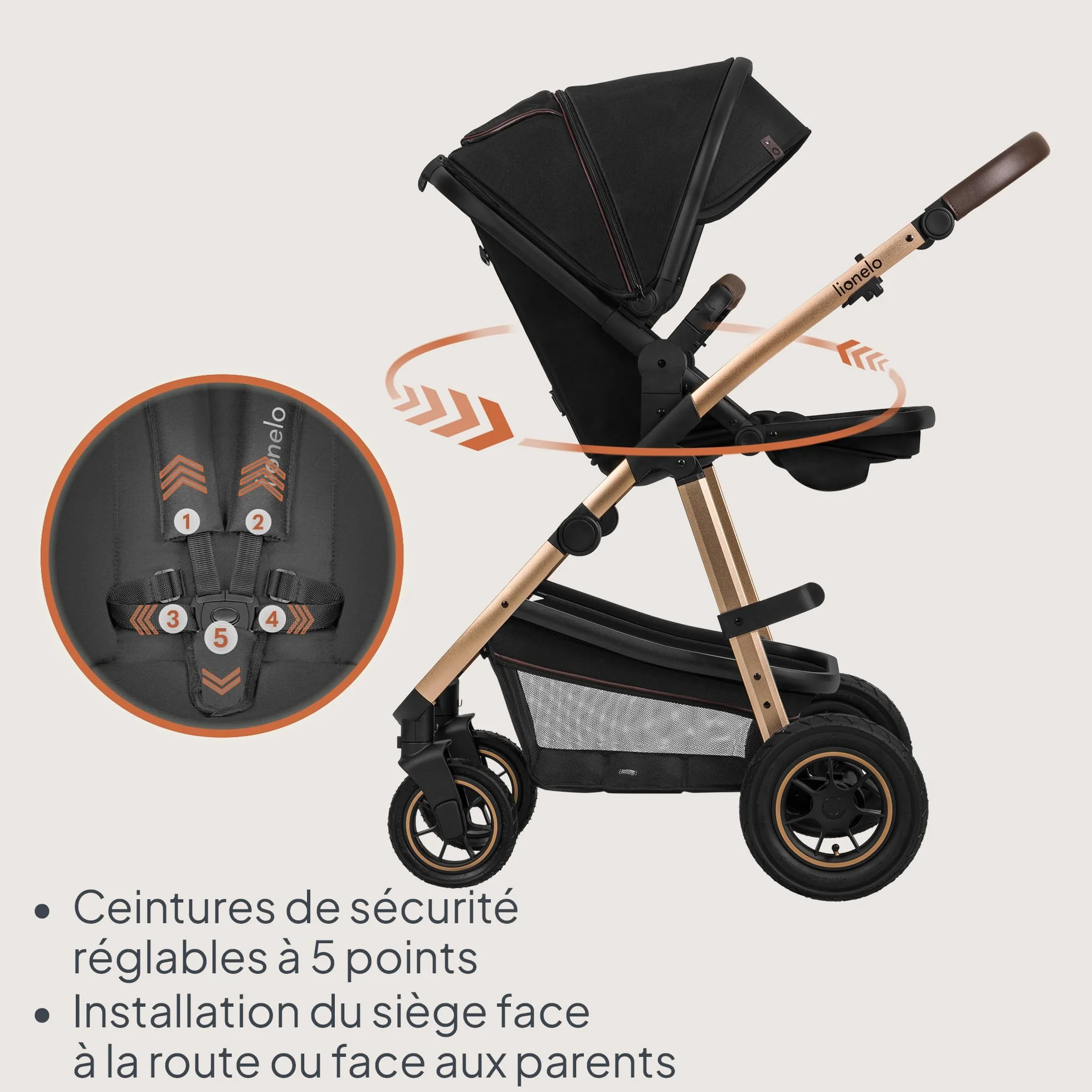 LIONELO Amber 3 in 1 poussette multifonctionnelle avec siège sport, nacelle, sac et accessoires