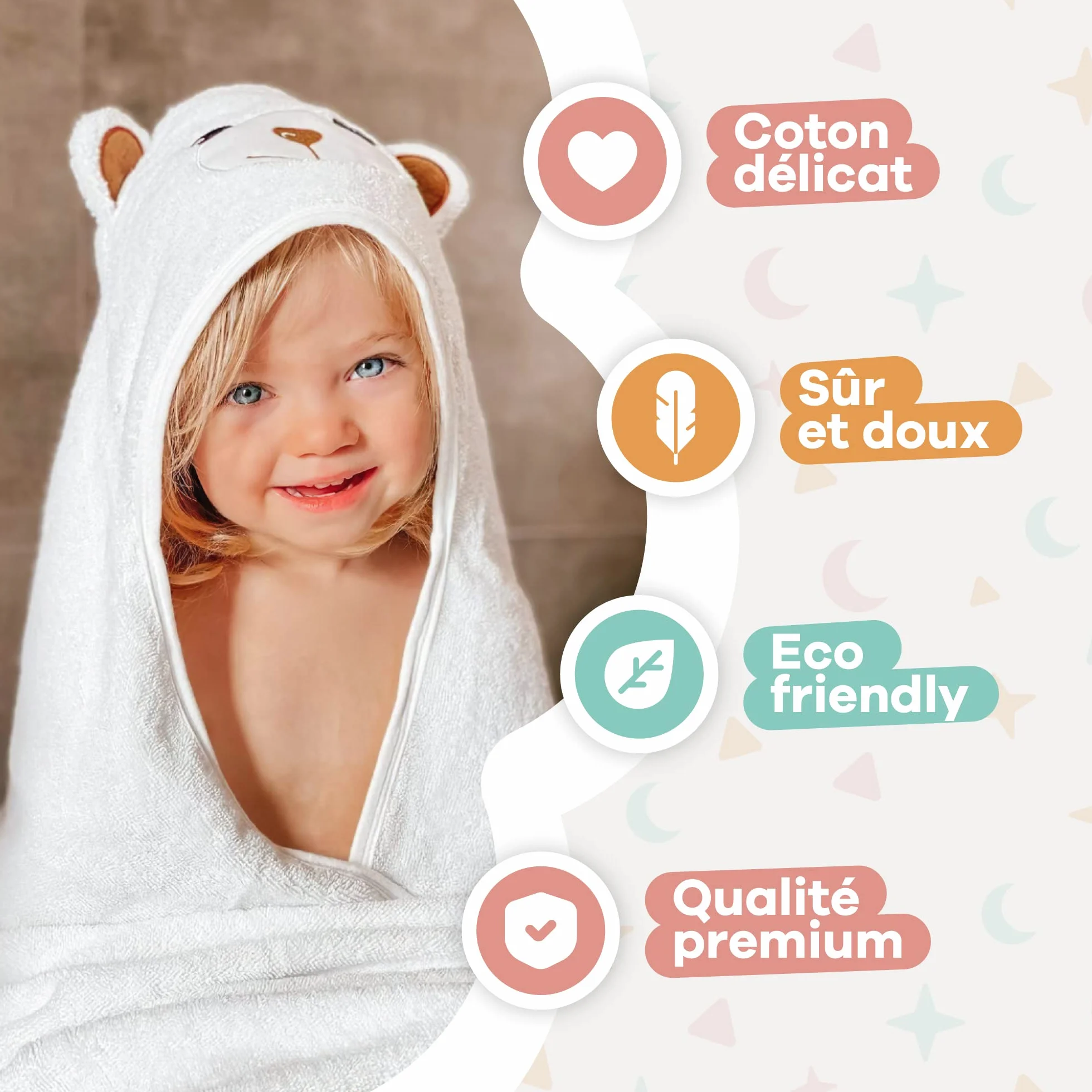 Serviette Bébé 90x90 cm 100% Coton Naturel avec Capuche, Cape de Bain Bébé 0-3 Mois à 3 Ans