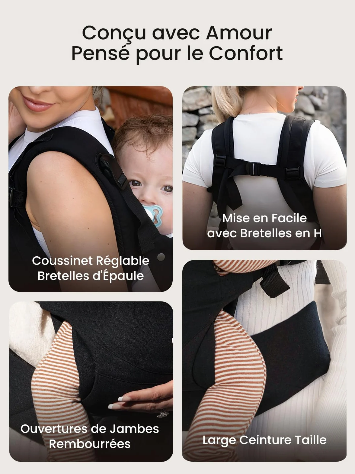 Porte-bébé Physiologique et Ergonomique Noir 3-20 kg 0-24 mois Boucle Ouverture Rapide Enfilage Facile Appui-tête