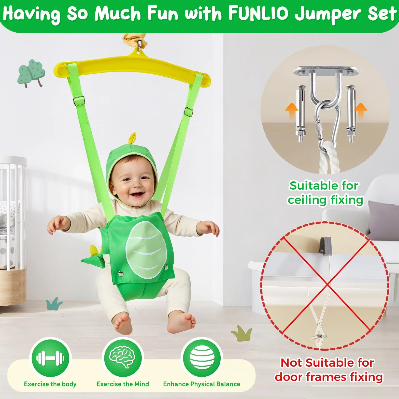 FUNLIO Baby Jumper Dinosaure Vert avec Crochet de Plafond 6-24 Mois