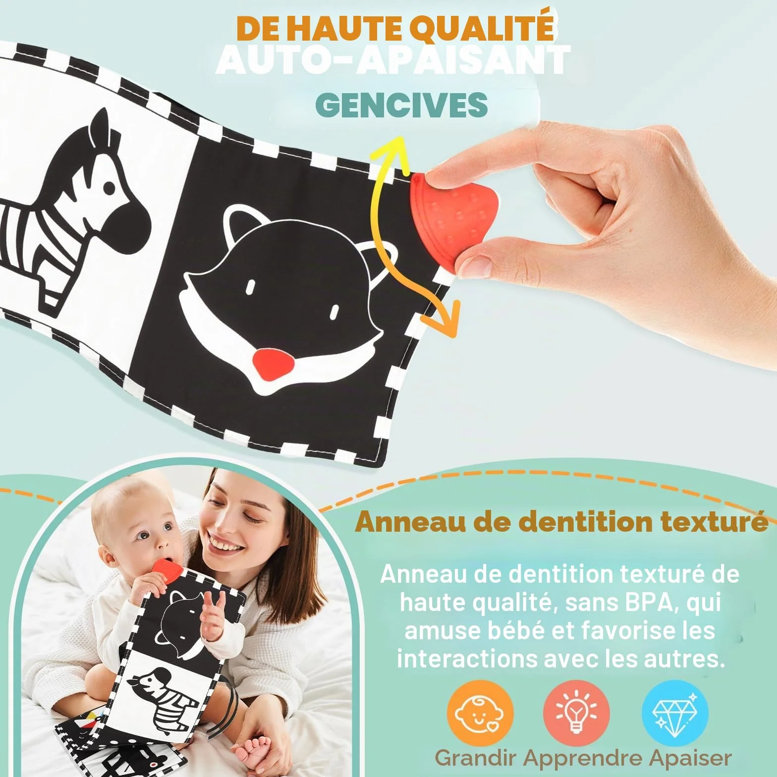 BBWOO Livre bébé 0-12 Mois Noir et Blanc sensoriel Montessori Jouet d'éveil Tummy Time Pliable Lavable avec Anneau Dentition et Miroir