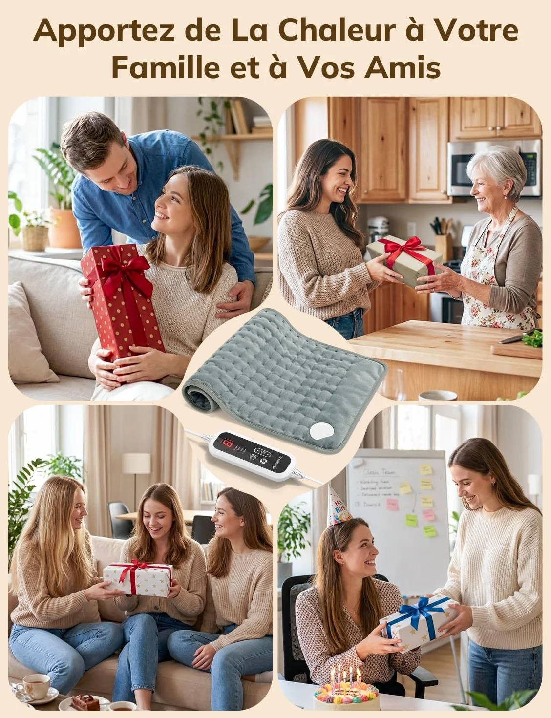 Coussin Chauffant Électrique 60x30cm Dos Épaules Abdomen 6 Niveaux Température 4 Minuterie Arrêt Automatique Lavable Gris Foncé