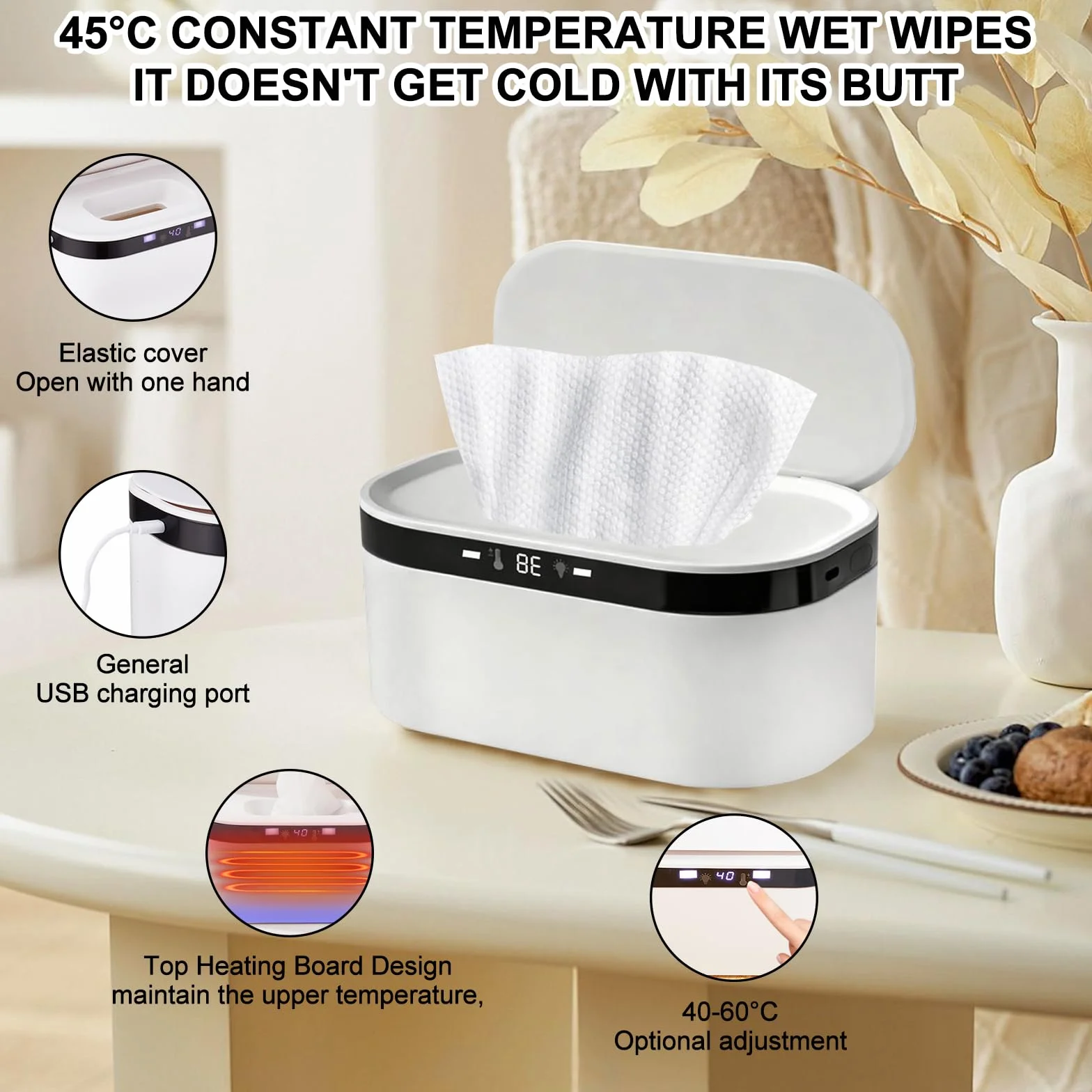 Chauffe-lingettes Bébé Portable USB Wipes Heater 3 Niveaux de Chauffage Rapide