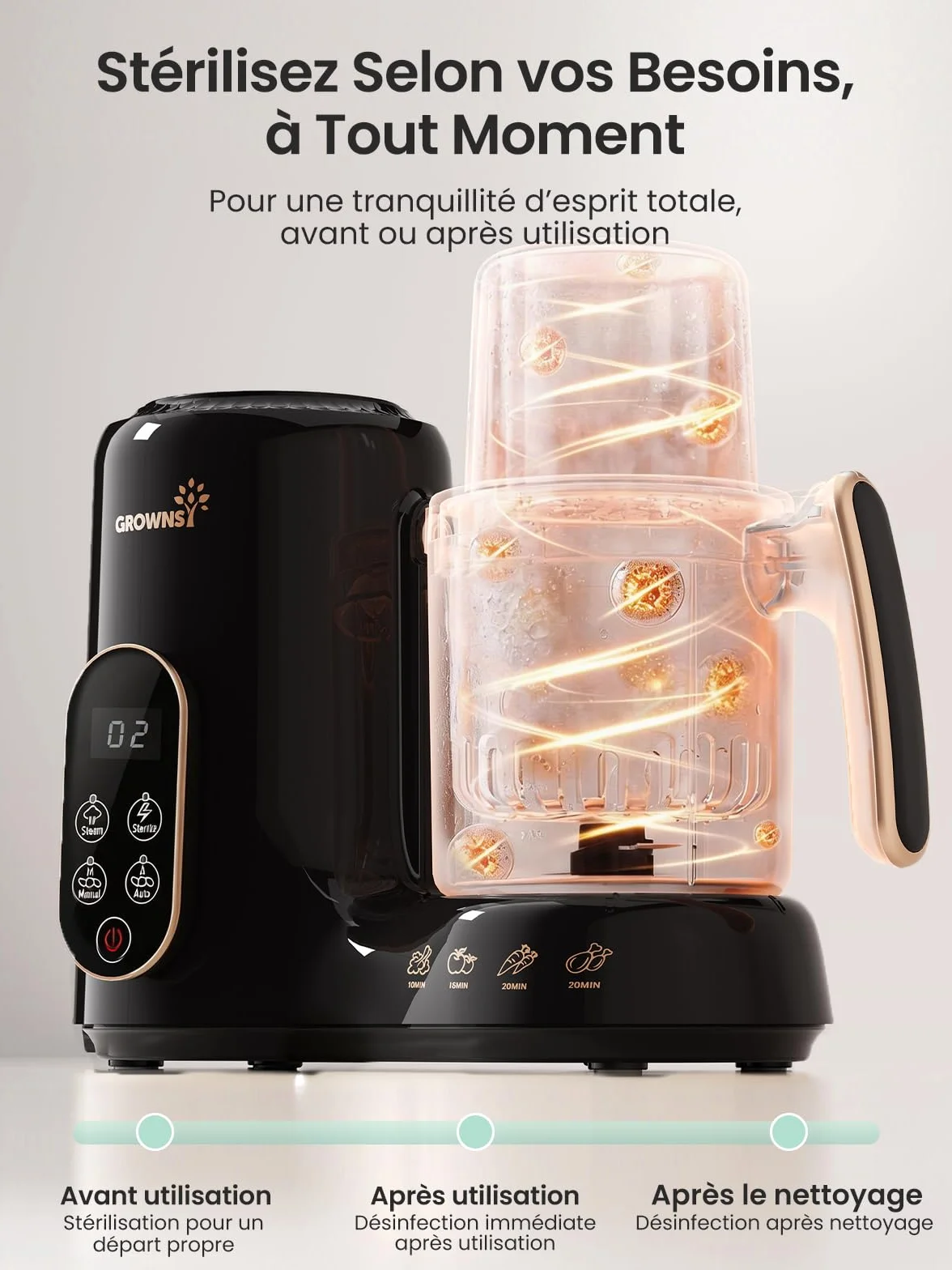 Grownsy Robot Cuiseur Bébé 6-en-1 Cuisson Vapeur Mixeur Stérilisation Réchauffage Décongélation Double Panier Vapeur Sans BPA