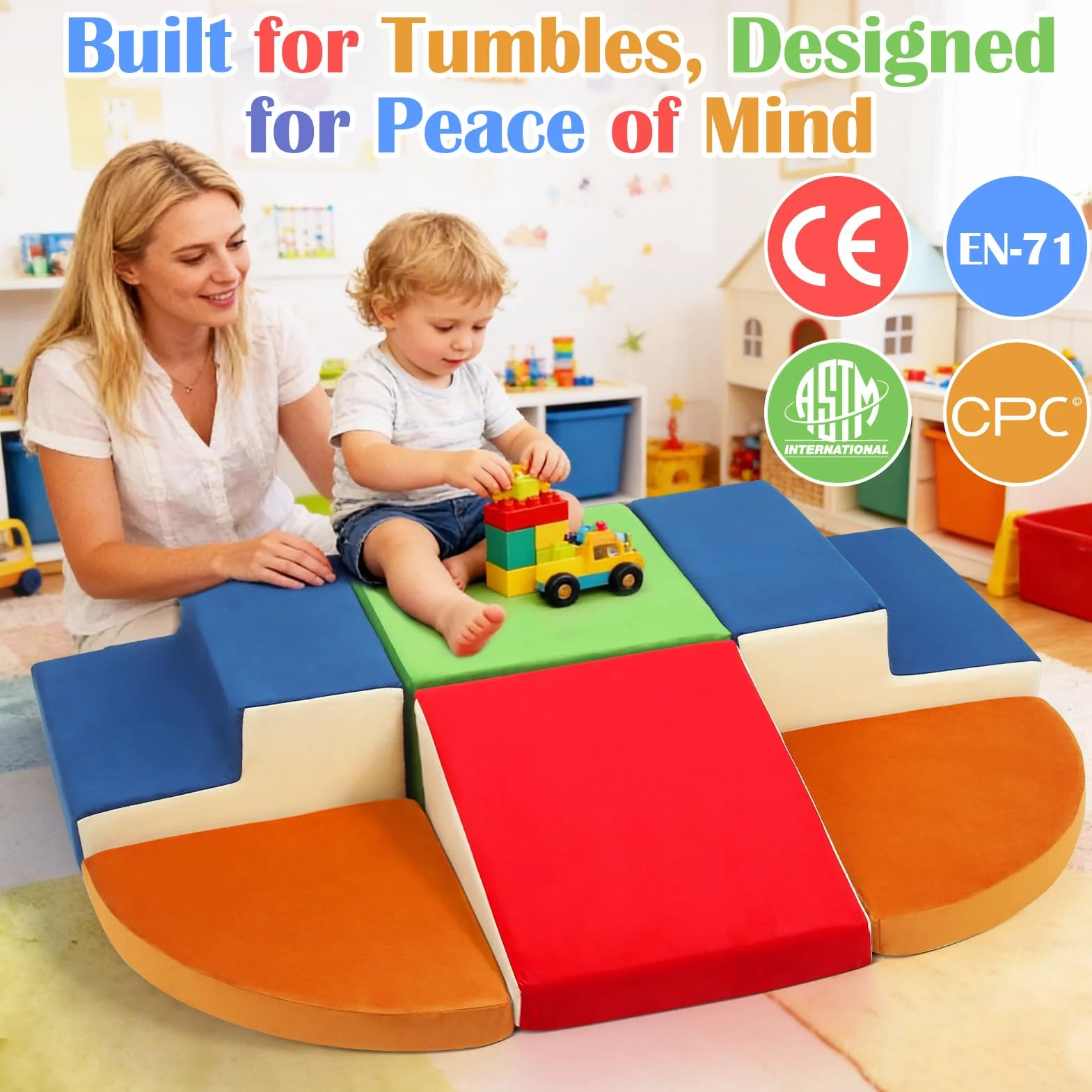 XIAPIA Lot de 6 Blocs de Construction en Mousse avec Tunnel de Jeu – Parcours Motricité – Toboggans d'intérieur Lavable