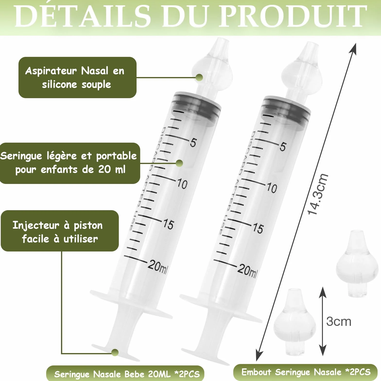Seringue Nasale Bebe 20 ml avec 2 Embouts en Silicone Souple