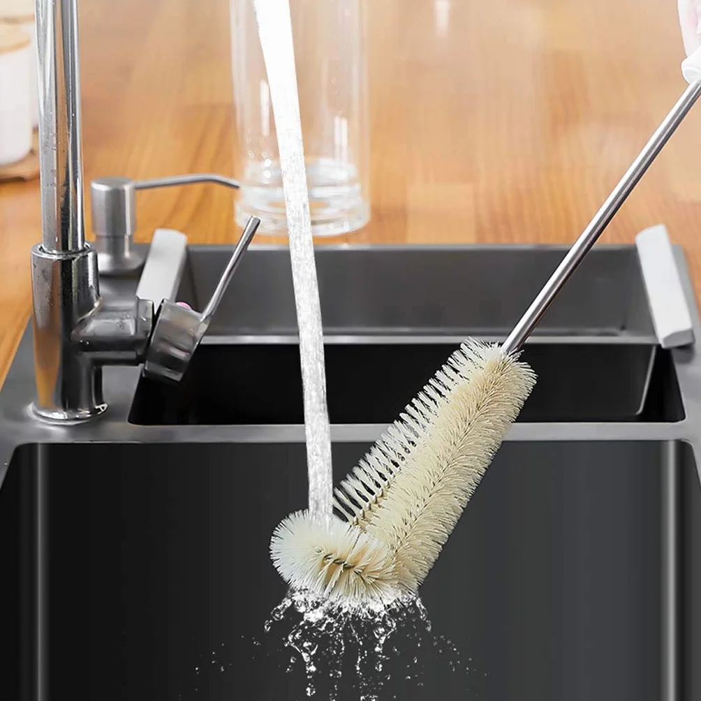 Brosse à biberon en forme de L, Brosse de nettoyage cuisine avec poignée en bois, Tasse café thé verre
