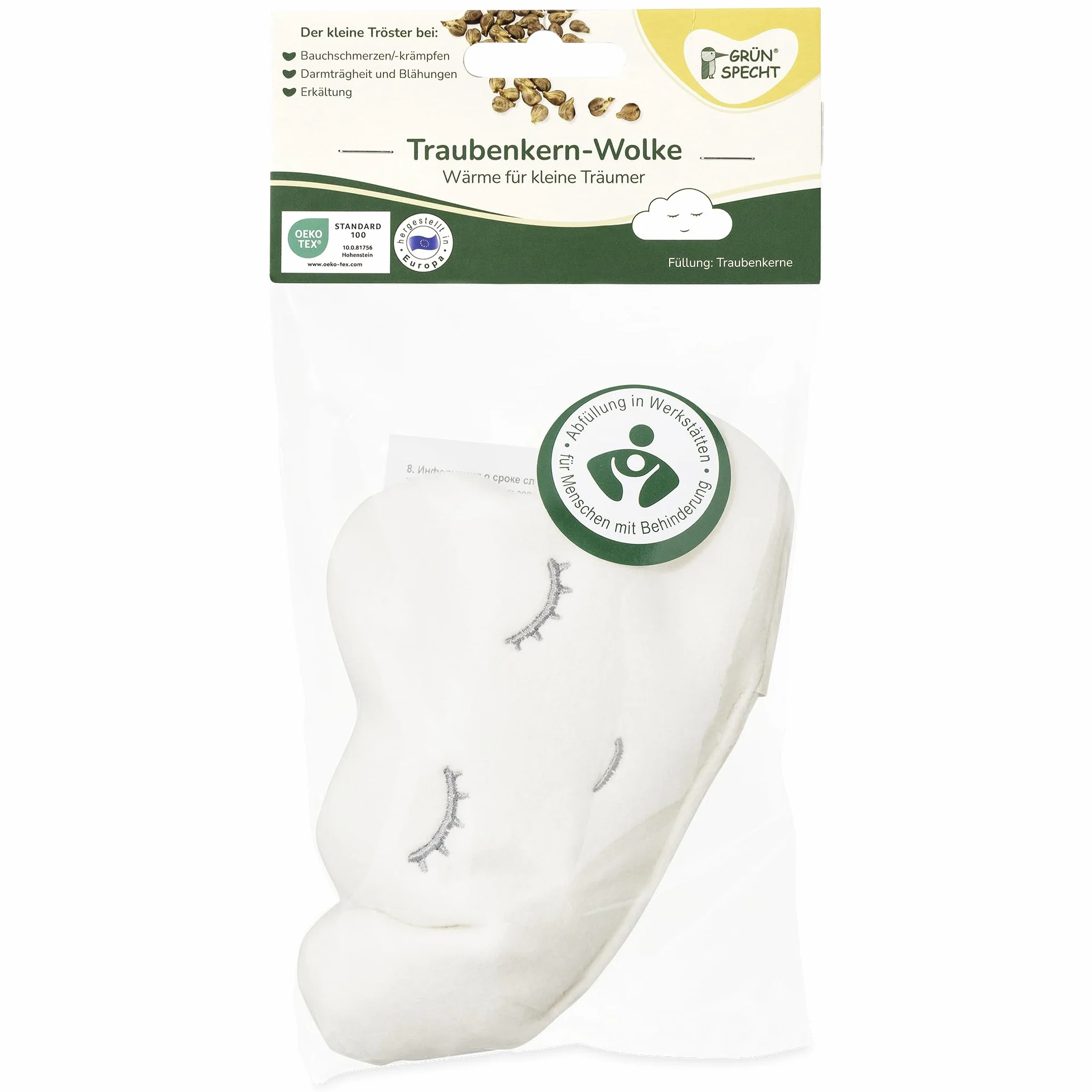 GRÜNSPECHT 147-K1 Coussin chauffant pour bébés, ballonnements, motif nuage pépins de raisin