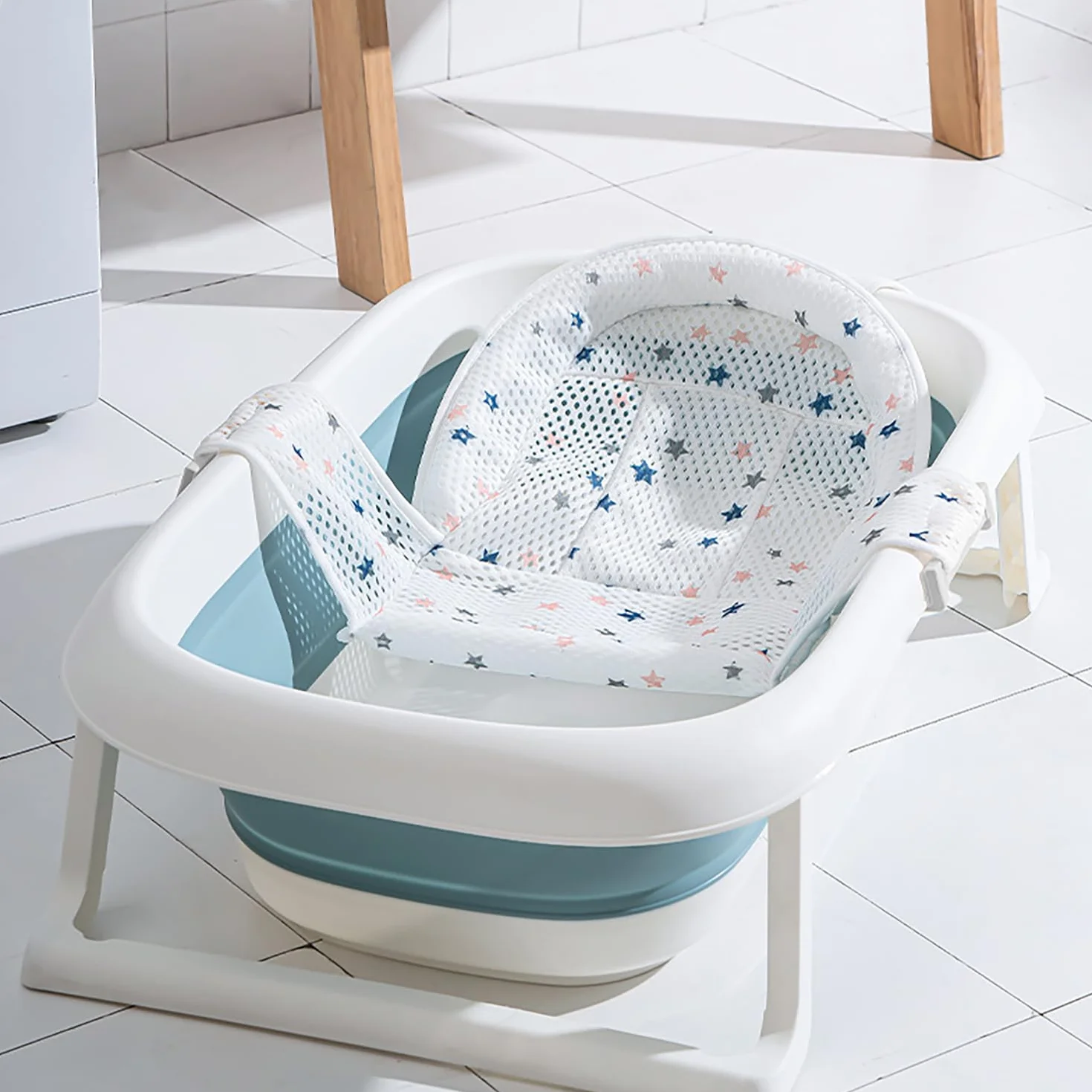 Bain en T Antidérapant pour Bébé - Blanc, Filet de Tapis maille, Support Nouveau-né avec Sangles Ajustables, Siège de Bain Confortable, 0-12 Mois