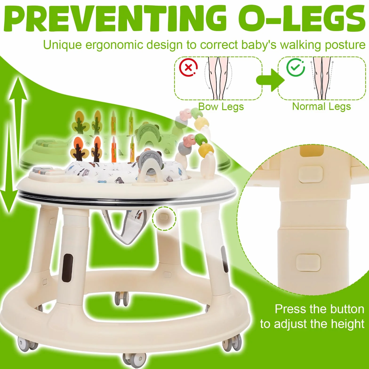 Trotteur Bébé Réglable en Hauteur avec Siège Pivotant 360°, Babywalker Roues Silencieuses, Plateau Activités Musical Amovible, Anti-renversement 9-18 Mois