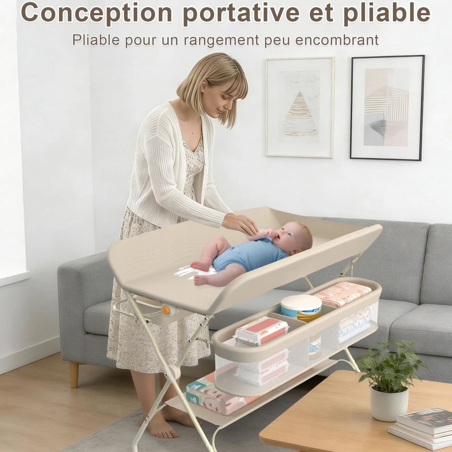 Supfine Table à Langer Pliable avec Panier Latéral, Réglable en Hauteur, Roulettes Verrouillables, Crème