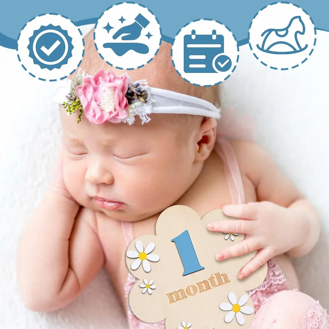 Étapes Bébé en Bois, Cartes Mensuelles Floral, Accessoires Photo 0-12 Mois, Enregistrement Croissance
