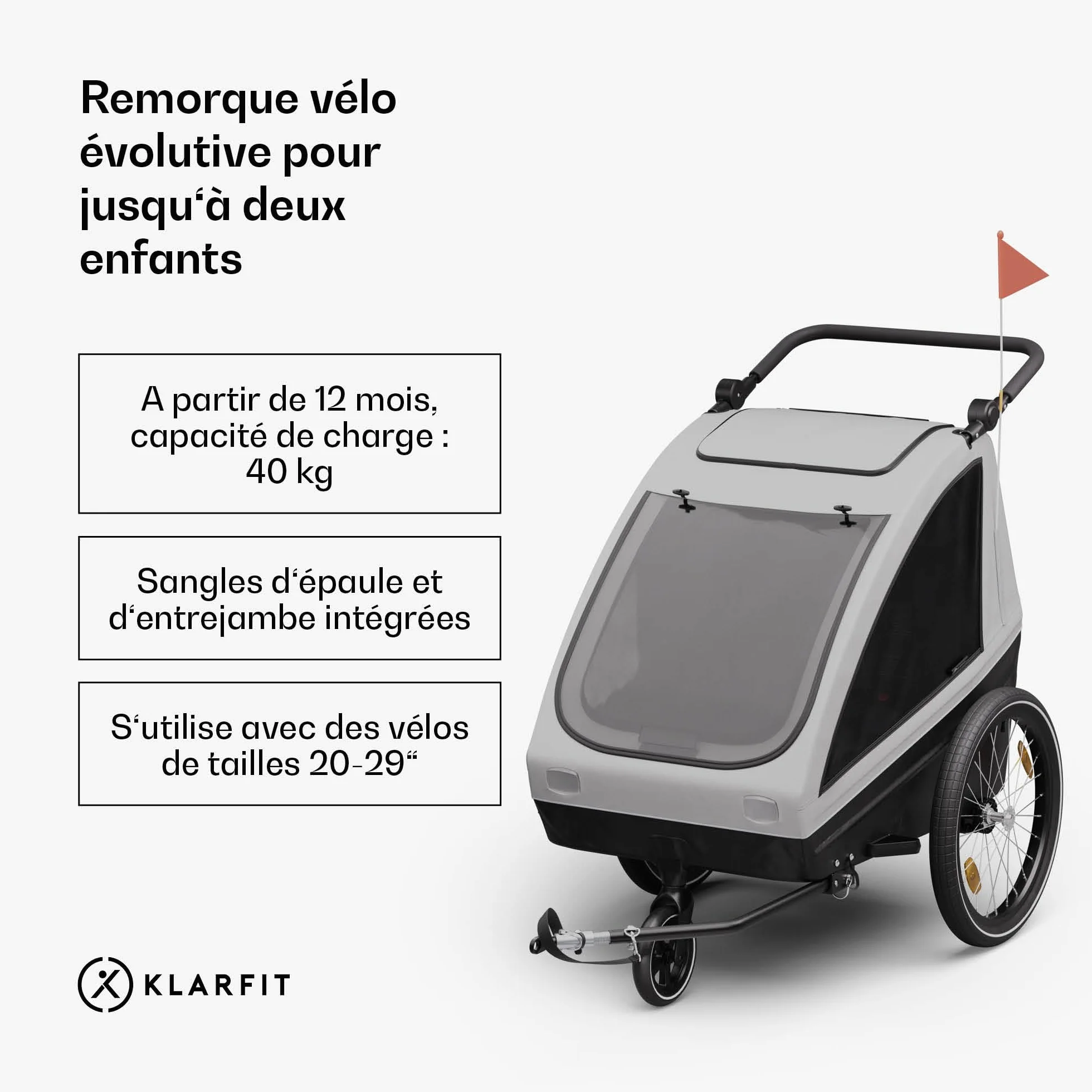 KLAR FIT GoKiddo Remorque Vélo Enfant 2-en-1 Freins Ceintures Sécurité Sièges Réglables 40kg Protection Pluie UV Pliable Gris Clair