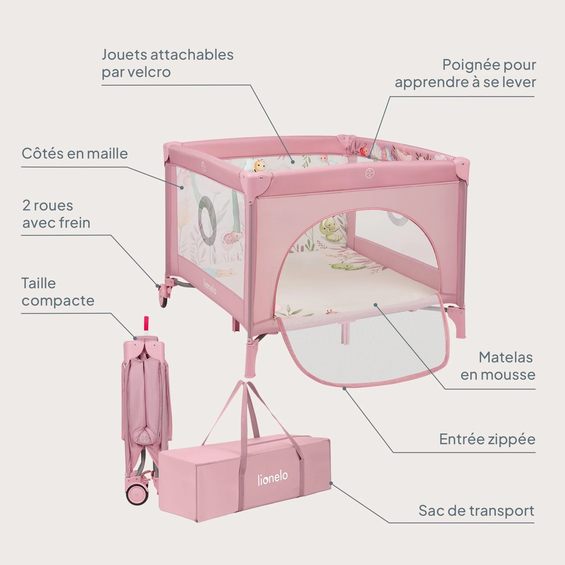 LIONELO MILLE PLUS Parc pour bébés 2-en-1 15 kg 0-36 mois Matelas 3D Pliable